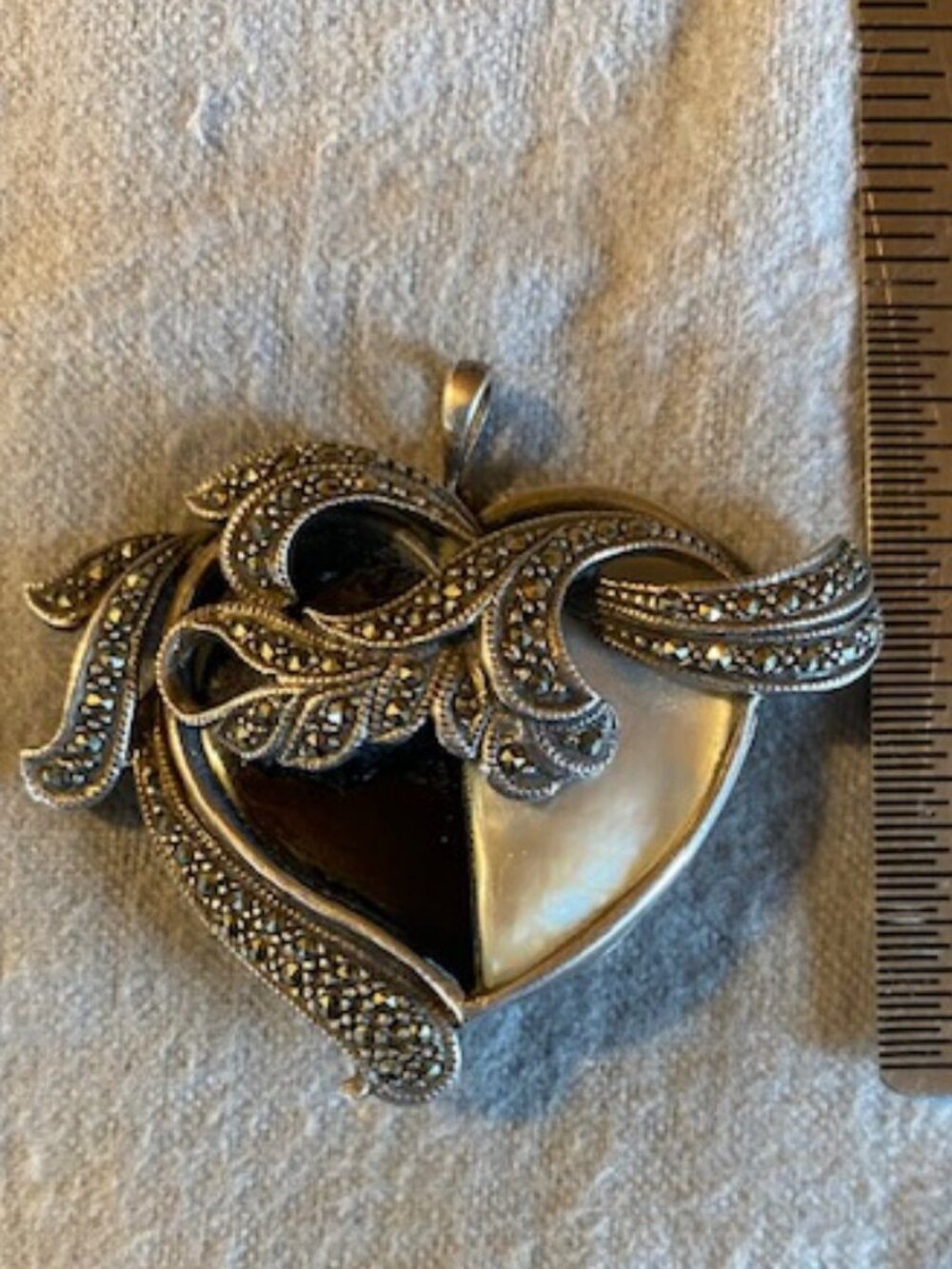 Art Deco Brooch Pendant Sterling Onyx MOPearl, Marquisite VTG Stunning PFCT size
